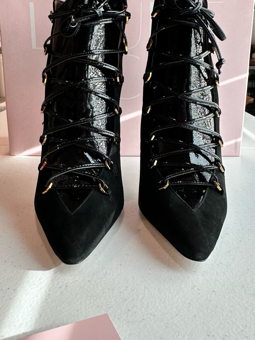 Louise et Cie Black Lace-Up Pointed Toe Ankle Boots with Gold Eyelets